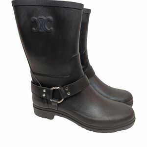 Celine Black Mid-Calf Rain Biker Boots with Branded Buckle Detail